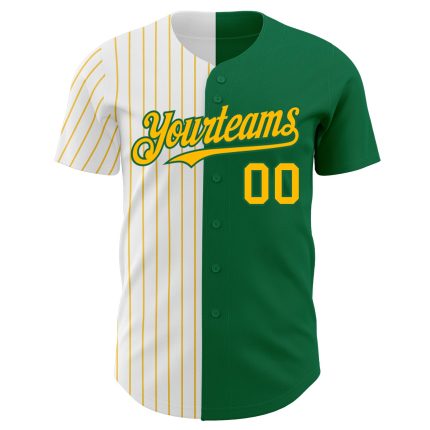 Custom Name and Number Personalized Baseball Jersey - Kelly Green White-Gold Pinstripe Authentic Split Fashion Personalized