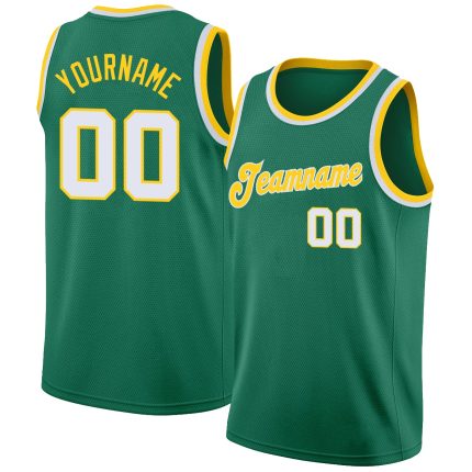 Custom Basketball Jersey with Personalized Name and Number - Kelly Green White Gold Round Neck Rib-Knit Personalized Kelly