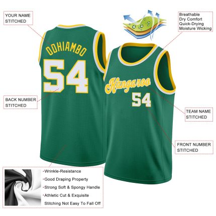 Custom Basketball Jersey with Personalized Name and Number - Kelly Green White Gold Round Neck Rib-Knit Personalized Kelly