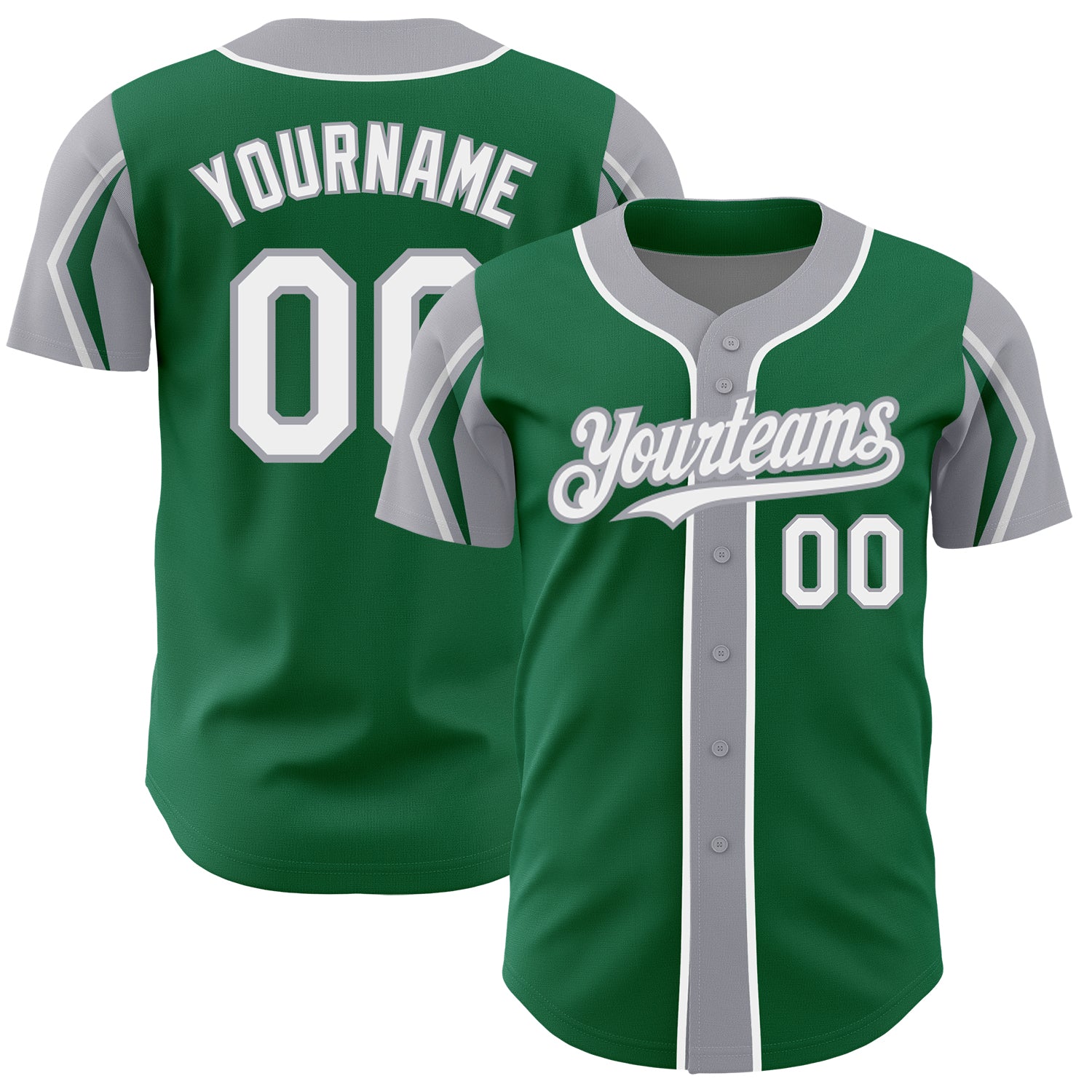 Custom Name and Number Baseball Jersey in Kelly Green, White, Gray - 3 Colors and Arm Shapes - Authentic Team Jersey Personalized