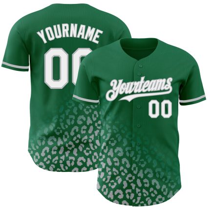 Custom Leopard Print Baseball Jersey - Personalized Kelly Green White-Gray 3D Design with Team Name & Number Personalized