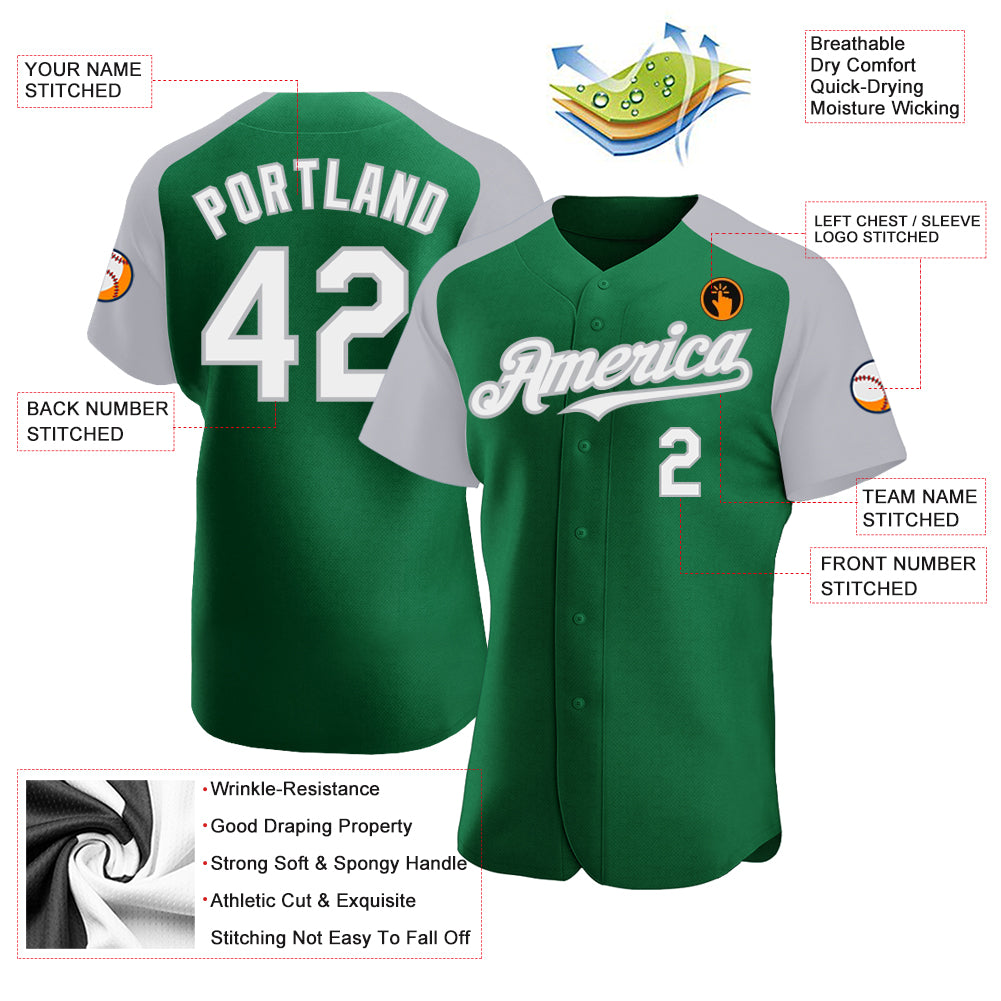 Personalized Kelly Green White-Gray Authentic Raglan Sleeves Baseball Jersey Team Custom Name and Number Custom Name and Number Baseball Jersey - Personalized Kelly Green White-Gray Authentic Raglan Sleeves Personalized Kelly - Image 3