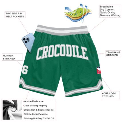 Custom Team Basketball Shorts with Name and Number - Kelly Green White-Gray Authentic Throwback Style Personalized Kelly