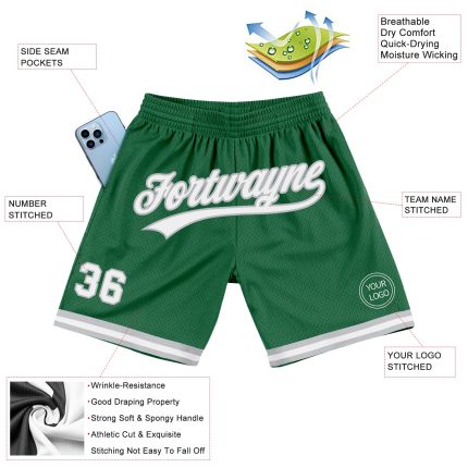Personalized Authentic Throwback Basketball Shorts in Kelly Green and White-Gray Personalized Kelly Green White-Gray Authentic
