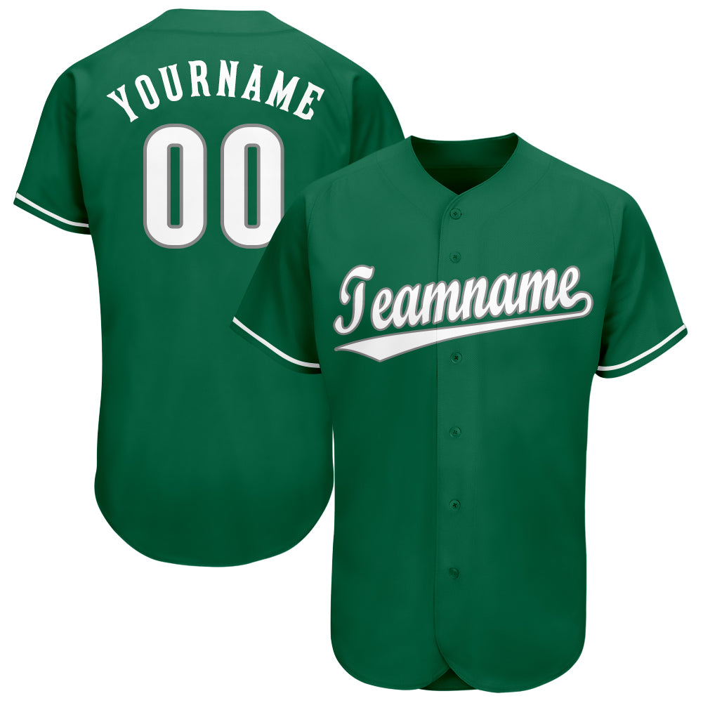 Personalized Green Baseball Jersey - Custom White-Gray Team Apparel Personalized Kelly Green White-Gray Baseball Jersey