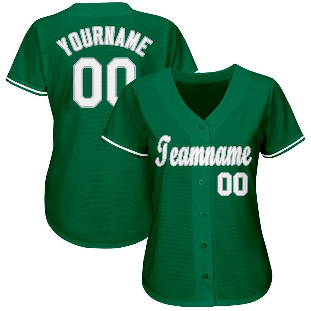 Custom Name and Number Baseball Jersey in Kelly Green, White, Gray - Personalized Team Apparel Personalized Kelly Green White-Gray