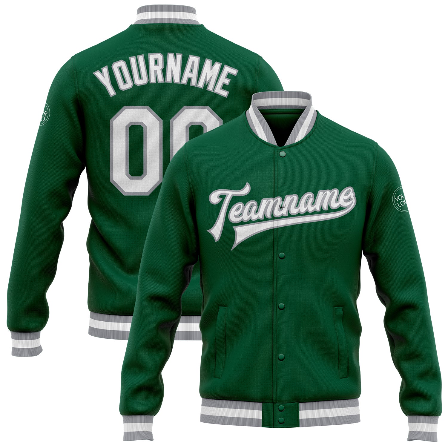 Custom Name Number Bomber Jacket for Team - Kelly Green White Gray Full-Snap Varsity Letterman Personalized Kelly Green White-Gray