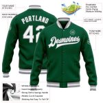 Custom Name Number Bomber Jacket for Team - Kelly Green White Gray Full-Snap Varsity Letterman Personalized Kelly Green White-Gray