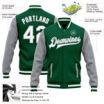 Custom Name Number Varsity Letterman Jacket Kelly Green Gray Two Tone Bomber Full-Snap for Team Personalization Personalized