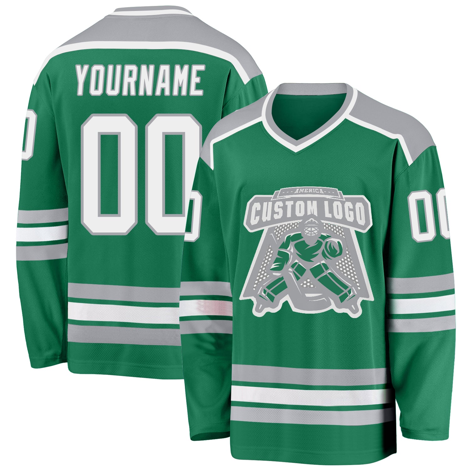 Personalized Hockey Jersey in Kelly Green, White, and Gray - Custom Team Apparel Personalized Kelly Green White-Gray Hockey