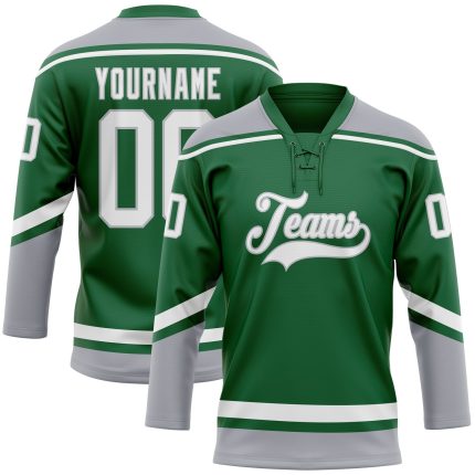 Custom Name and Number Personalized Hockey Jersey - Kelly Green White-Gray Lace Neck Team Apparel Personalized Kelly Green