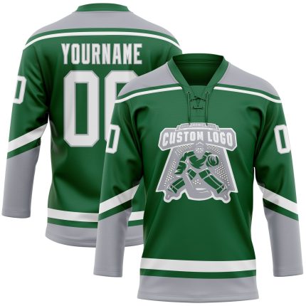 Custom Name and Number Personalized Hockey Jersey - Kelly Green White-Gray Lace Neck Team Apparel Personalized Kelly Green