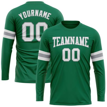 Custom Team Name Number Long Sleeve T-Shirt - Personalized Kelly Green White-Gray Performance Salute To Service Personalized