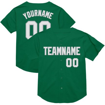 Personalized Authentic Throwback Baseball Jersey in Kelly Green, White, and Gray Mesh Personalized Kelly Green White-Gray