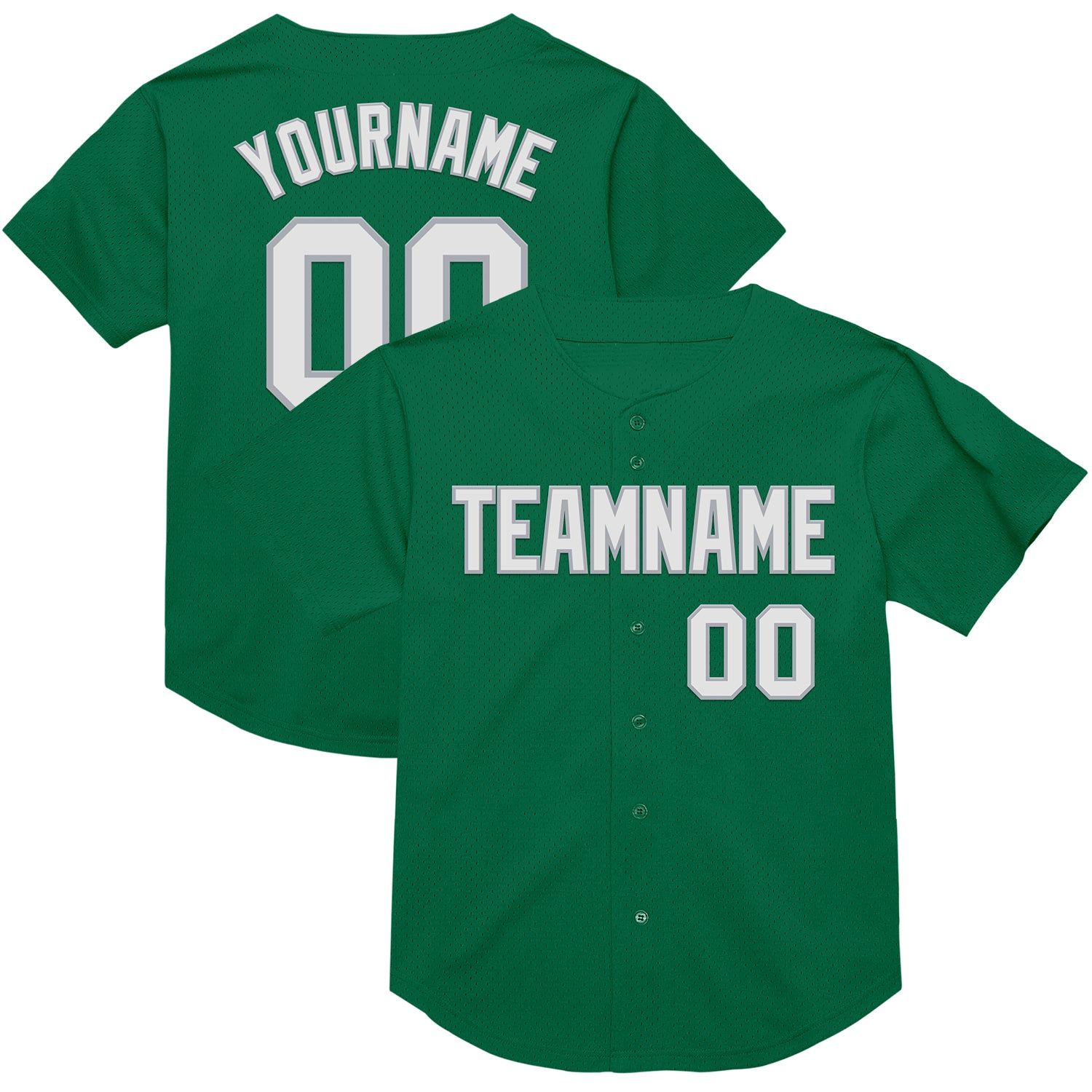 Personalized Authentic Throwback Baseball Jersey in Kelly Green, White, and Gray Mesh Personalized Kelly Green White-Gray