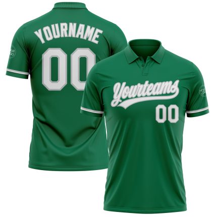 Custom Name Number Performance Golf Polo Shirt - Kelly Green White-Gray Personalized Kelly Green White-Gray Performance Vapor