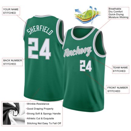 Custom Team Basketball Jersey with Personalized Name and Number, Kelly Green White-Gray Round Neck Rib-Knit Style Personalized