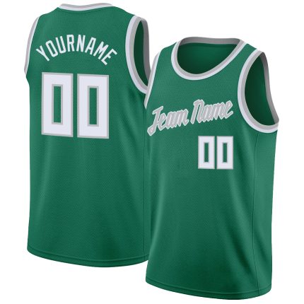 Custom Team Basketball Jersey with Personalized Name and Number, Kelly Green White-Gray Round Neck Rib-Knit Style Personalized