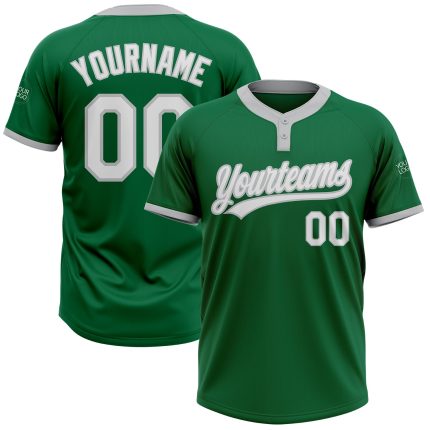 Custom Name and Number Unisex Softball Jersey - Kelly Green White-Gray Two-Button Design Personalized Kelly Green White-Gray