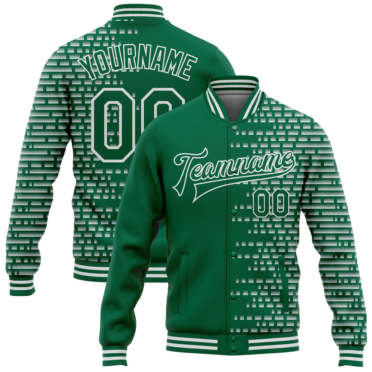 Custom Name and Number Personalized Kelly Green Varsity Bomber Jacket with 3D Halftone Design, Full-Snap Letterman Style
