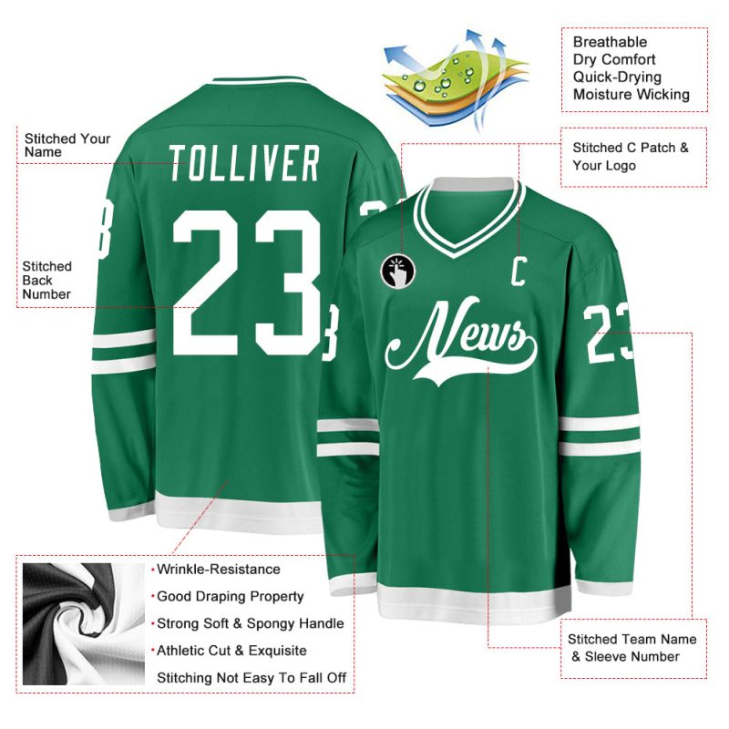 Custom Name Number Kelly Green White Hockey Jersey Personalized Team Gear Personalized Kelly Green White Hockey Jersey Team