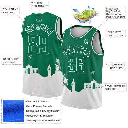 Custom Name & Number Basketball Jersey - Kelly Green & White Holiday Travel Monuments Silhouette, Authentic City Edition