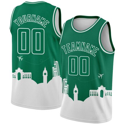 Custom Name & Number Basketball Jersey - Kelly Green & White Holiday Travel Monuments Silhouette, Authentic City Edition