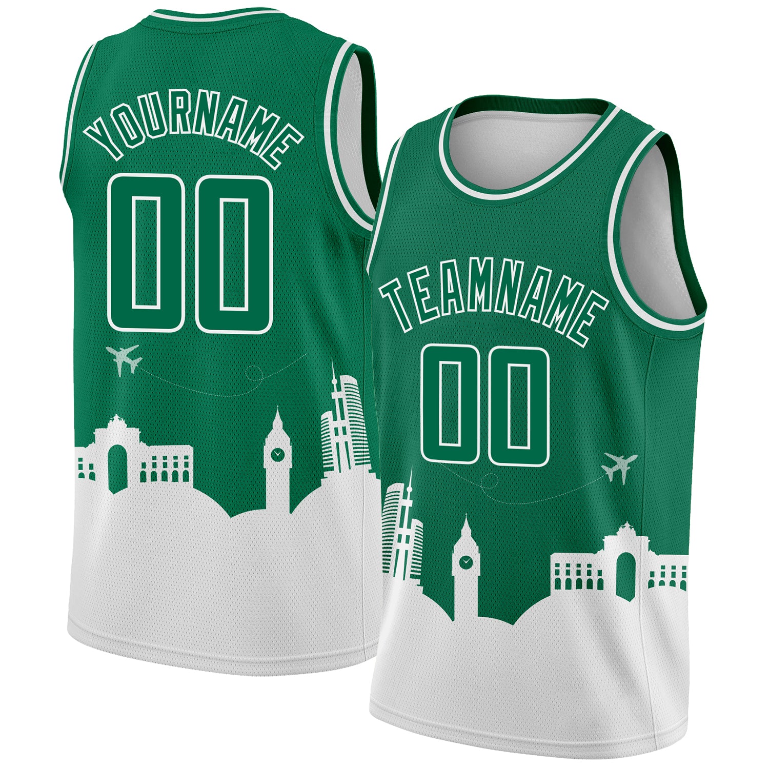 Custom Name & Number Basketball Jersey - Kelly Green & White Holiday Travel Monuments Silhouette, Authentic City Edition
