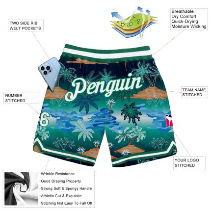 Custom Name and Number 3D Pattern Palm Trees Basketball Shorts - Personalized Kelly Green White Team Apparel Personalized