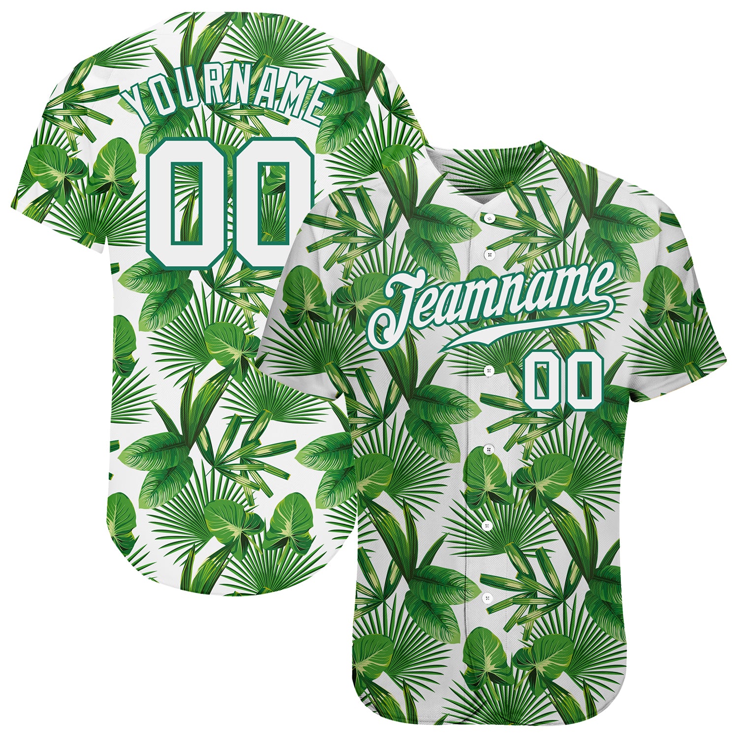 Personalized Kelly Green 3D Tropical Palm Leaves Baseball Jersey - Authentic Design Personalized Kelly Green White-Kelly
