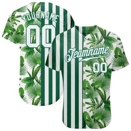 Personalized Tropical Palm Leaves Baseball Jersey with Custom Name and Number in Kelly Green White 3D Pattern Design Personalized
