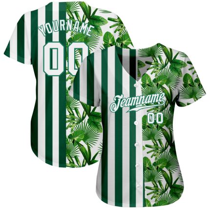 Personalized Tropical Palm Leaves Baseball Jersey with Custom Name and Number in Kelly Green White 3D Pattern Design Personalized
