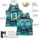 Custom Name and Number Authentic Basketball Jersey with 3D Hawaii Palm Trees Pattern in Kelly Green and White Personalized