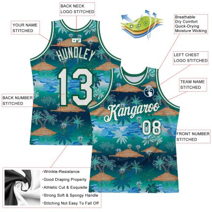 Custom Name and Number Authentic Basketball Jersey with 3D Hawaii Palm Trees Pattern in Kelly Green and White Personalized