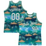 Custom Name and Number Authentic Basketball Jersey with 3D Hawaii Palm Trees Pattern in Kelly Green and White Personalized