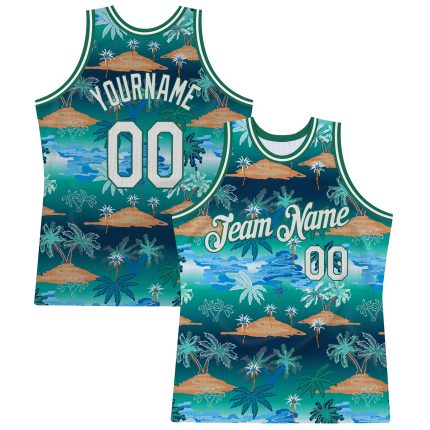 Custom Name and Number Authentic Basketball Jersey with 3D Hawaii Palm Trees Pattern in Kelly Green and White Personalized
