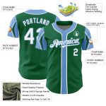 Custom Name and Number Authentic Baseball Jersey in Kelly Green, White & Light Blue - Personalized 3 Colors Arm Shapes Personalized