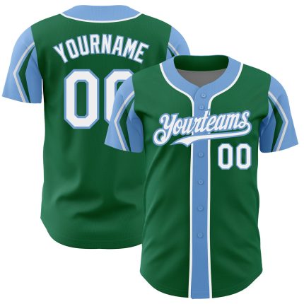 Custom Name and Number Authentic Baseball Jersey in Kelly Green, White & Light Blue - Personalized 3 Colors Arm Shapes Personalized