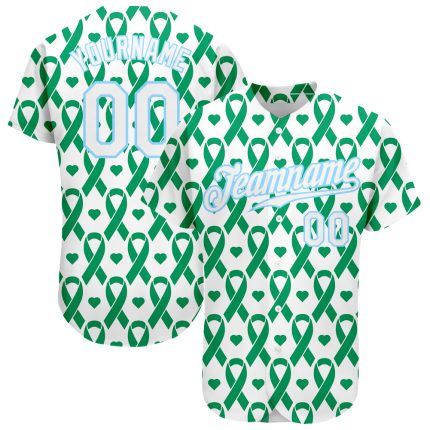 Personalized Breast Cancer 3D Pattern Baseball Jersey in Kelly Green & Light Blue Personalized Kelly Green White-Light Blue