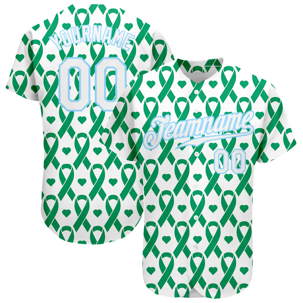 Personalized Breast Cancer 3D Pattern Baseball Jersey in Kelly Green & Light Blue Personalized Kelly Green White-Light Blue