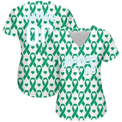 Personalized Breast Cancer 3D Pattern Baseball Jersey in Kelly Green & Light Blue Personalized Kelly Green White-Light Blue