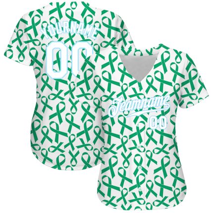 Personalized Breast Cancer 3D Pattern Baseball Jersey - Custom Name and Number in Kelly Green and Light Blue Personalized