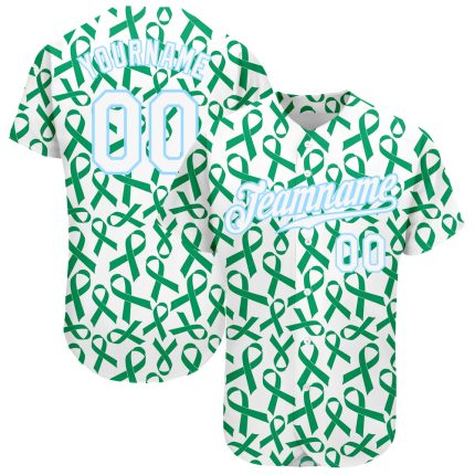 Personalized Breast Cancer 3D Pattern Baseball Jersey - Custom Name and Number in Kelly Green and Light Blue Personalized