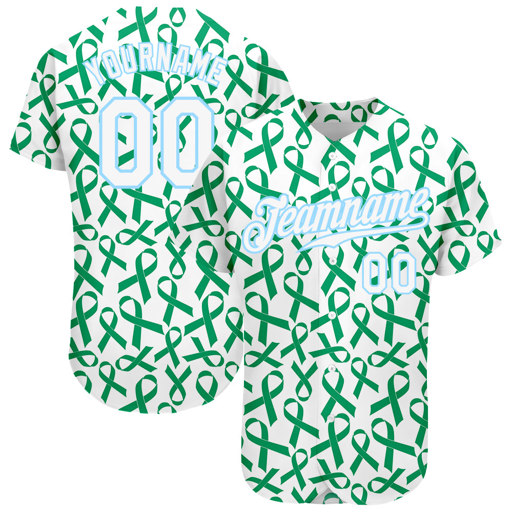 Personalized Breast Cancer 3D Pattern Baseball Jersey - Custom Name and Number in Kelly Green and Light Blue Personalized