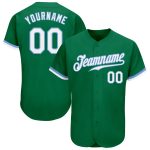 Custom Authentic Baseball Jersey with Personalized Name and Number in Kelly Green and Light Blue Personalized Kelly Green