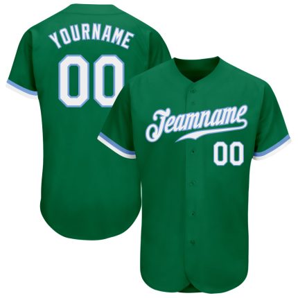 Custom Authentic Baseball Jersey with Personalized Name and Number in Kelly Green and Light Blue Personalized Kelly Green