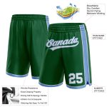 Custom Personalized Basketball Shorts with Team Name & Number in Kelly Green, White, Light Blue - Authentic Style Personalized