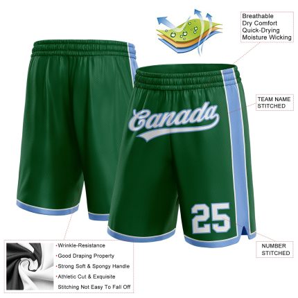 Custom Personalized Basketball Shorts with Team Name & Number in Kelly Green, White, Light Blue - Authentic Style Personalized