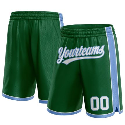 Custom Personalized Basketball Shorts with Team Name & Number in Kelly Green, White, Light Blue - Authentic Style Personalized