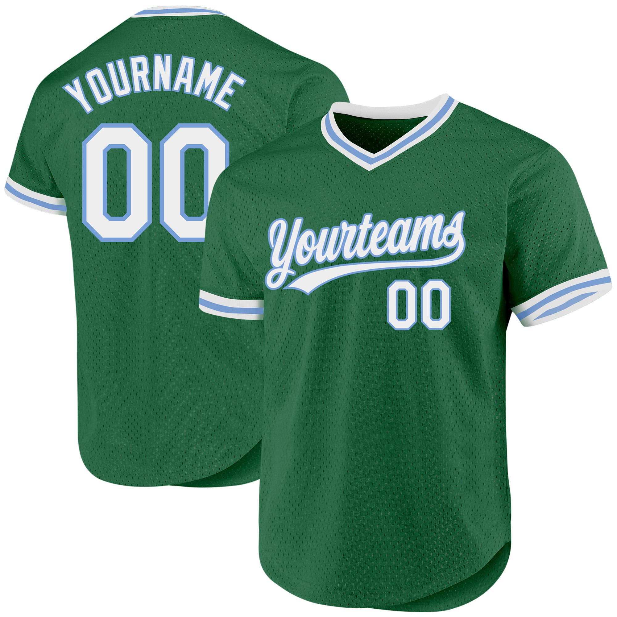 Custom Personalized Authentic Baseball Jersey with Team Name and Number in Kelly Green, White, Light Blue - Retro Style Personalized
